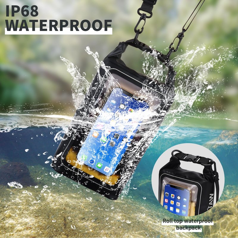 TYUTOSEG IP68 Waterproof Dry Bag, 2L - Roll Top Waterproof Pool Bag，Dry Bags for Kayaking Waterproof-w/Phone Pouch,Large Waterproof Phone Pouch,Boating & Kayak Accessories Camping (Black)