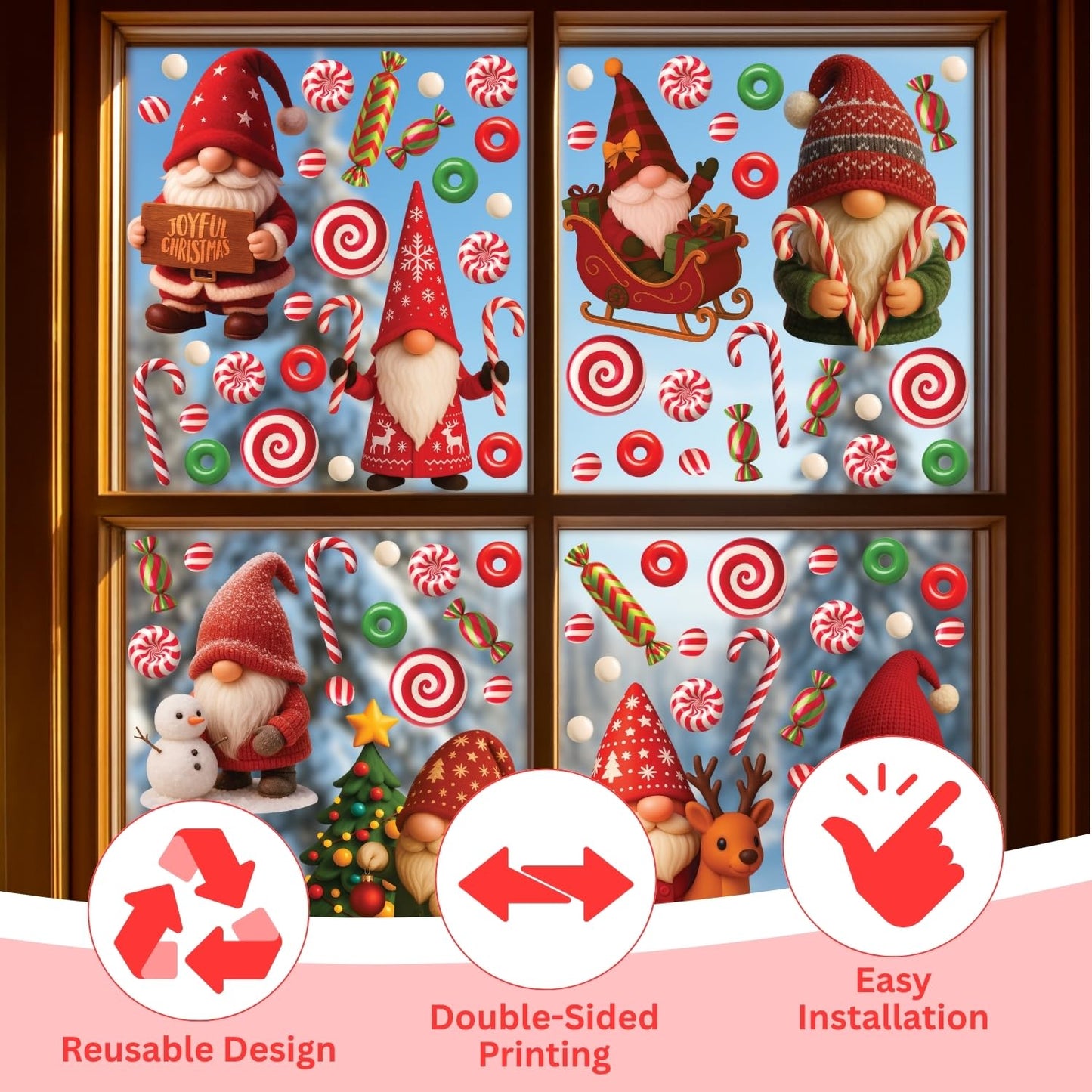 WALPLUS Christmas Window Clings Decorations Double-Sided Reusable Peel and Stick Removable for Glass Living Room Nursery Room Home Office Holiday Gnomies and Candy Delights 186 Pieces