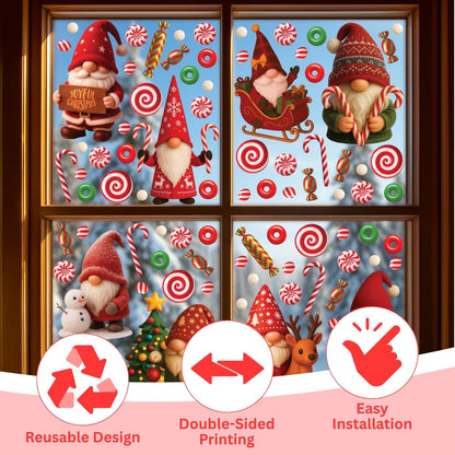 WALPLUS Christmas Window Clings Decorations Double-Sided Reusable Peel and Stick Removable for Glass Living Room Nursery Room Home Office Holiday Gnomies and Candy Delights 186 Pieces