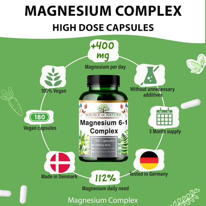 Magnesium 6-1 Complex 1500 mg Daily | 400 mg Elemental Magnesium | Oxide, Bisglycinate, Malate, Taurate, Citrate & Aspartate | 180 Vegan Capsules | High Strength & Bioavailable