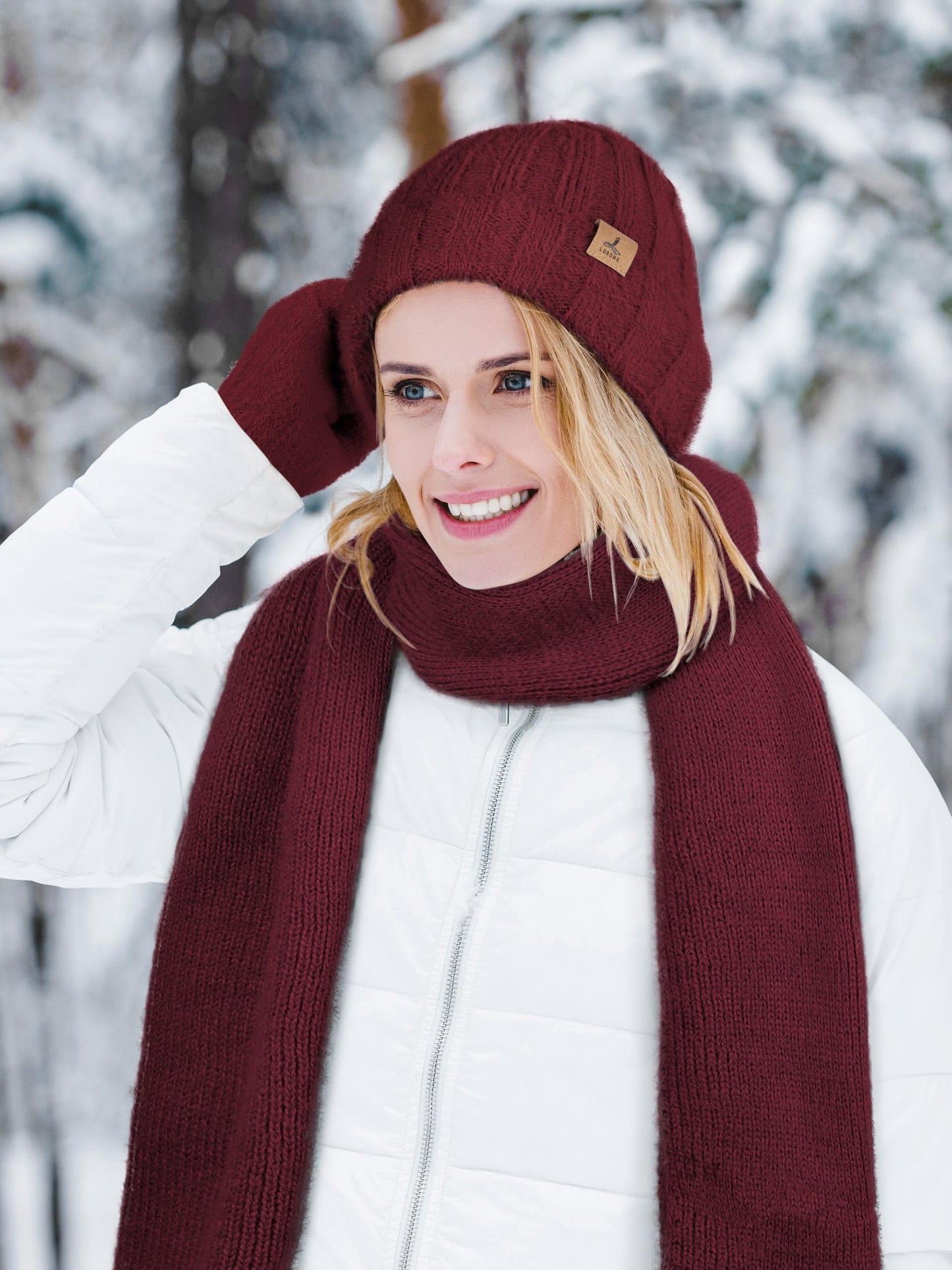 Winter Beanie Hat Scarf Gloves, Warm Fleece Knit Hat Long Scarf Neck Warmer Touch Screen Winter Gloves Set Gifts for Women Wine Red