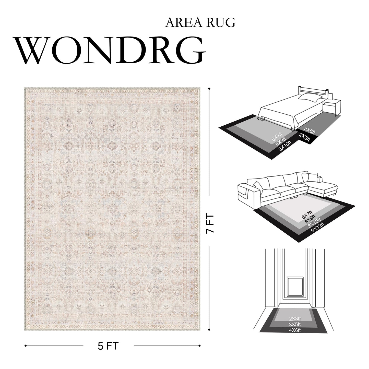 WondRg 2x6 Washable Neutral Hallway Runner Rug Kitchen Beige Modern Low Pile Non Slip Area Rug Soft Floral Stain Resistant Carpet Distressed Door Mat Entryway Bedroom Living Room Indoor Stair