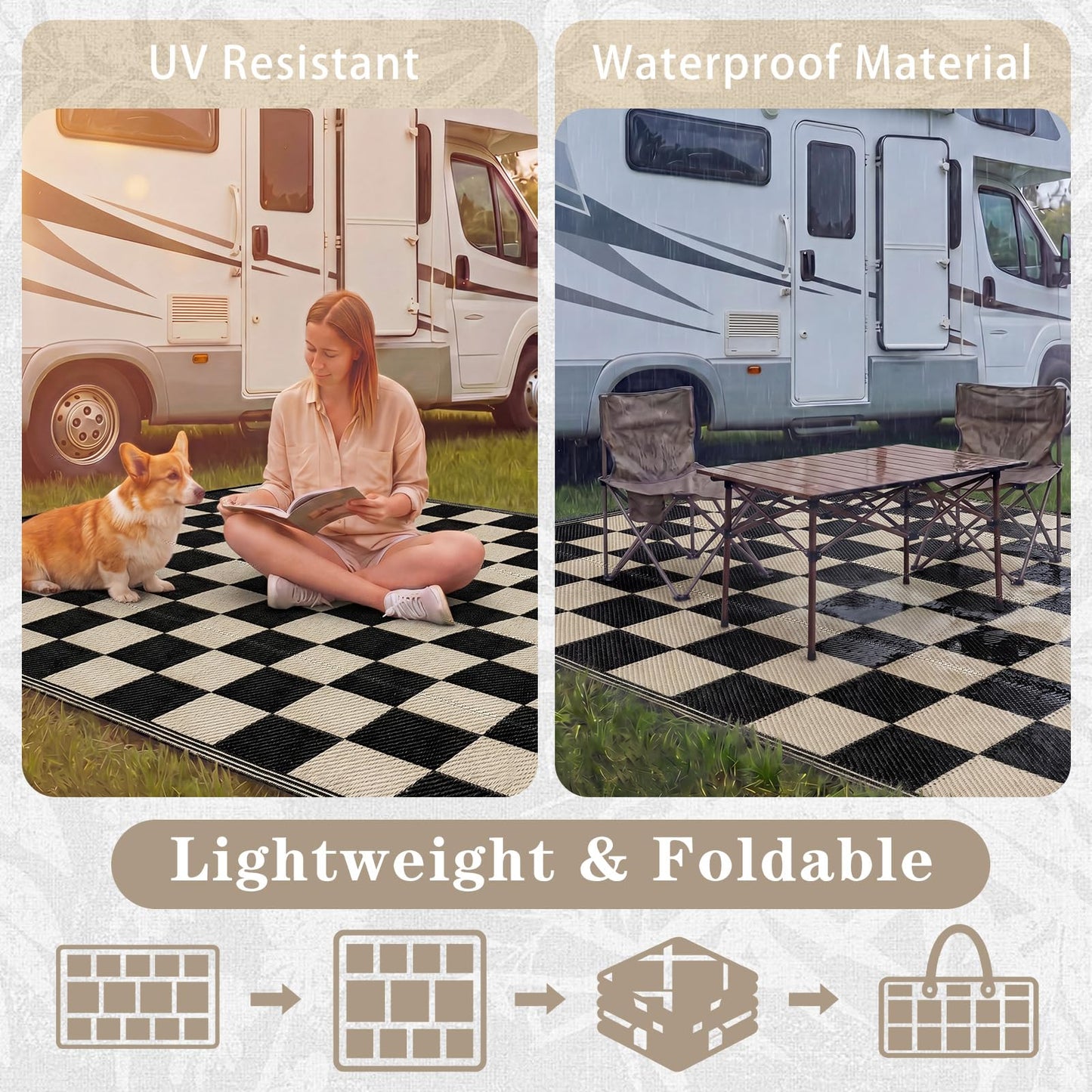 Klyyo Clyro Black Beige Checkerboard Outdoor Rug 5 x 8 ft Checkered Plastic Straw Camping Mat Foldable Reversible Patio Carpet for Rv Deck Camper Porch Backyard Picnic Beach Outdoor Garden