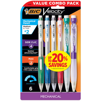 BIC Velocity Mechanical Pencils, With Colorful Barrel, Medium Point (0.7mm), 6-Count Pack Mechanical Pencils With Eraser and Lead Refills