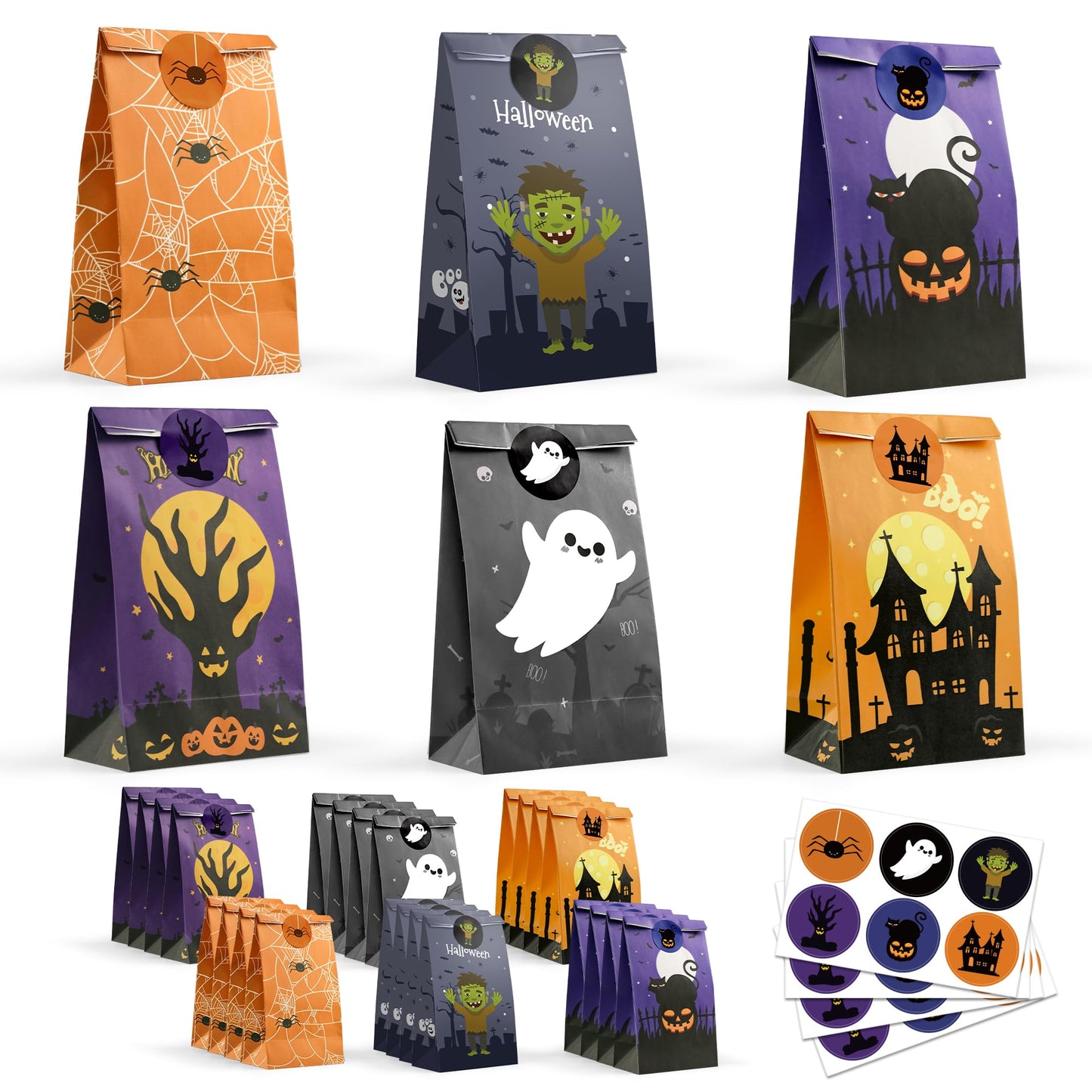 Halloween Treat Bags - 24 PCS Halloween Party Favors,Halloween Goodie Bags with Stickers for Kids | Candy Bags - Trick or Treat Bags,Mini Paper Gift Basket- HALLOWEEN Decorations Party Supplies