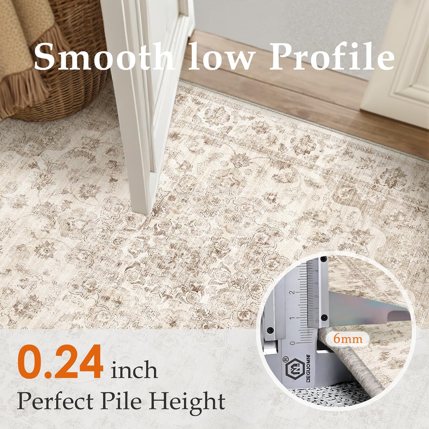 WondRg 8x8 Washable Neutral Round Rug Beige Vintage Living Room Bedroom Circle Rug Non-Slip Soft Low Pile Farmhouse Indoor Carpet for Kitchen Dining Room Office