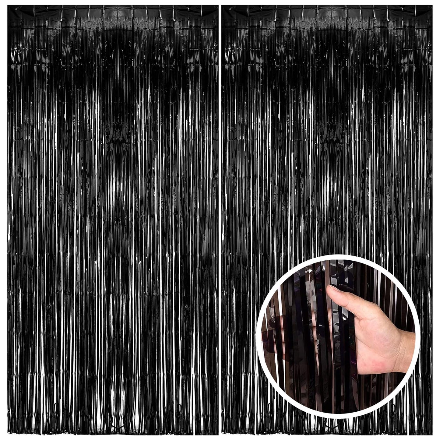 2 Pack Black Party Streamers Backdrop Tinsel Foil Fringe Curtains Halloween Party Decorations Birthday Wednesday Twilight Party Decorations Graduation Wizard Party Supplies