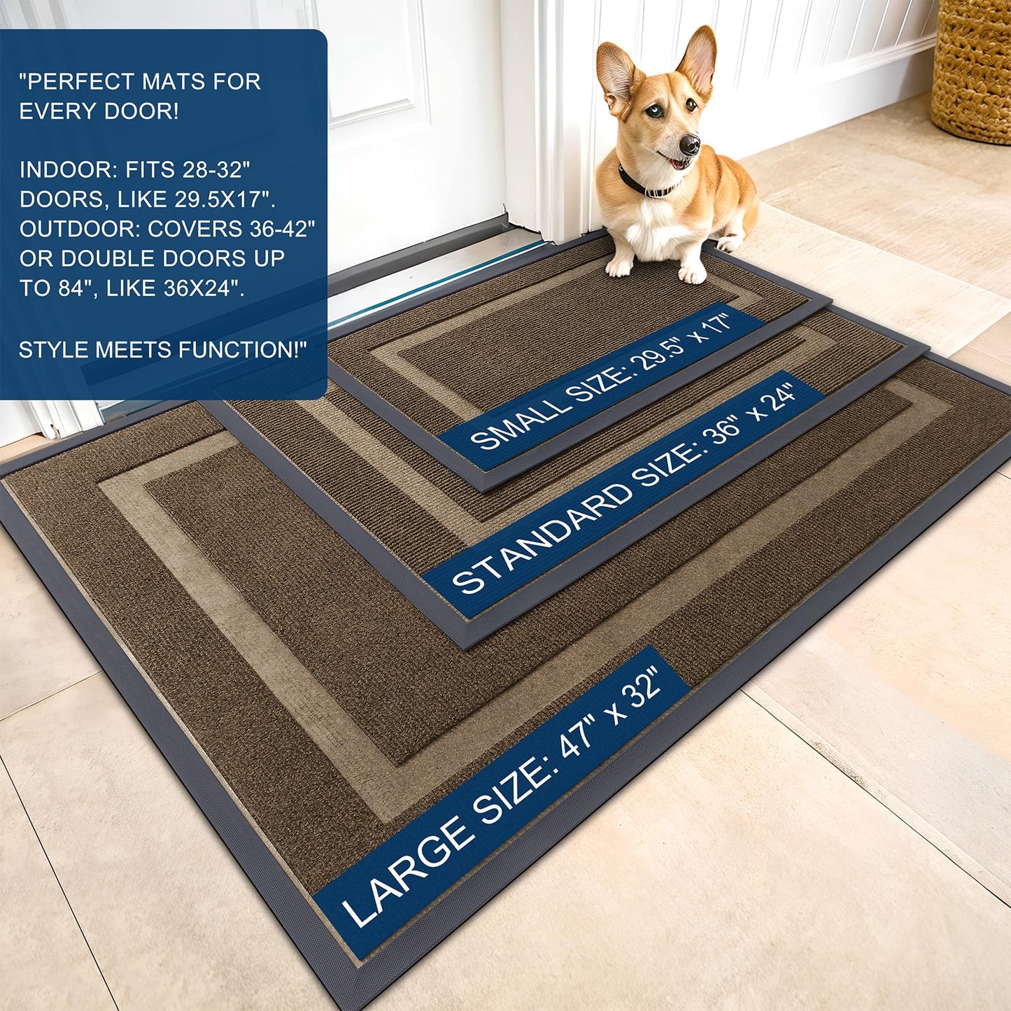 OLANLY Front Door Mat Indoor Outdoor Entrance, Waterproof All-Season, All-Weather Doormat, Sturdy Natural Rubber, Fade Resistant, Low Profile, Easy Clean Patio Porch Entryway Mat, 29.5x17, Brown