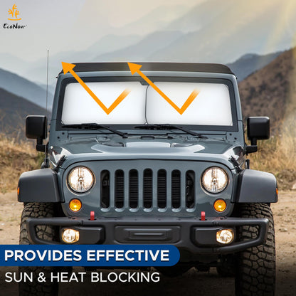 EcoNour 2-Piece Windshield Sun Shade for Jeep, Offers Complete Automotive Sun Protection, Foldable Jeep Windshield Shade Suits Wrangler, Compass, Gladiator & Renegade, (X-Small 18 in x 26 in)