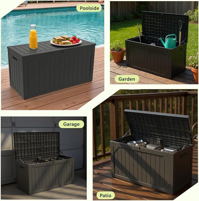 Deck Box outdoor waterpoorf, Storage Box Outdoor and Indoor for Pool Toys, Patio Cushions, Resin Storage Bin for Outside, Lockable (Black, 100 Gallon)