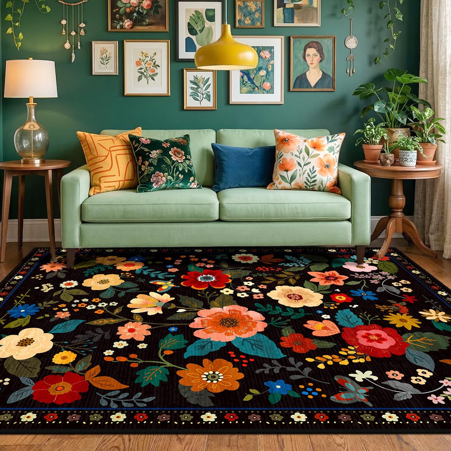 RELEANY Floral 5x7 Area Rugs Washable Print Boho Cute Carpet Non Slip Flower Low Pile for Living Room Bedroom Kitchen Office Farmhouse-Black