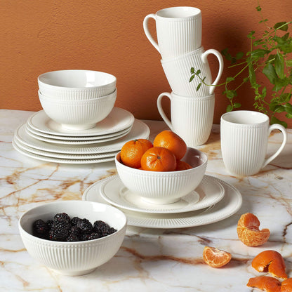 Tabletops Gallery Embossed Bone White Porcelain Round Dinnerware Collection- Chip Resistant Scratch Resistant, Fleur 12 Piece Dinnerware Set (Dinner Plate, Salad Plate, Cereal Bowl)