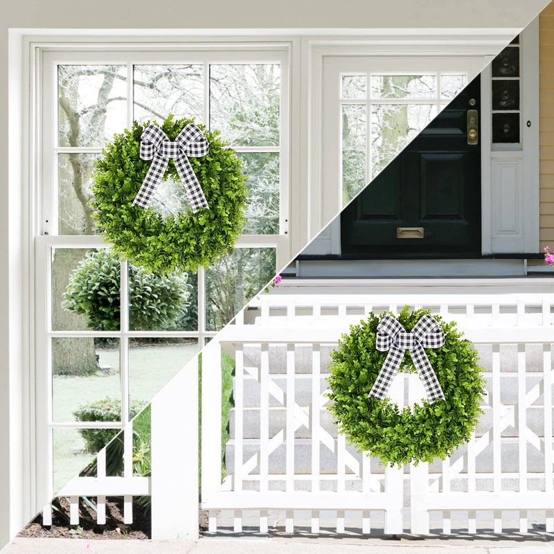 Vlorart 20" Boxwood Wreath for Front Door with Sash & Plaid Bow, Full Lush Artificial Greenery Wreath for Spring Summer Farmhouse Wall, Window & Wedding Decor
