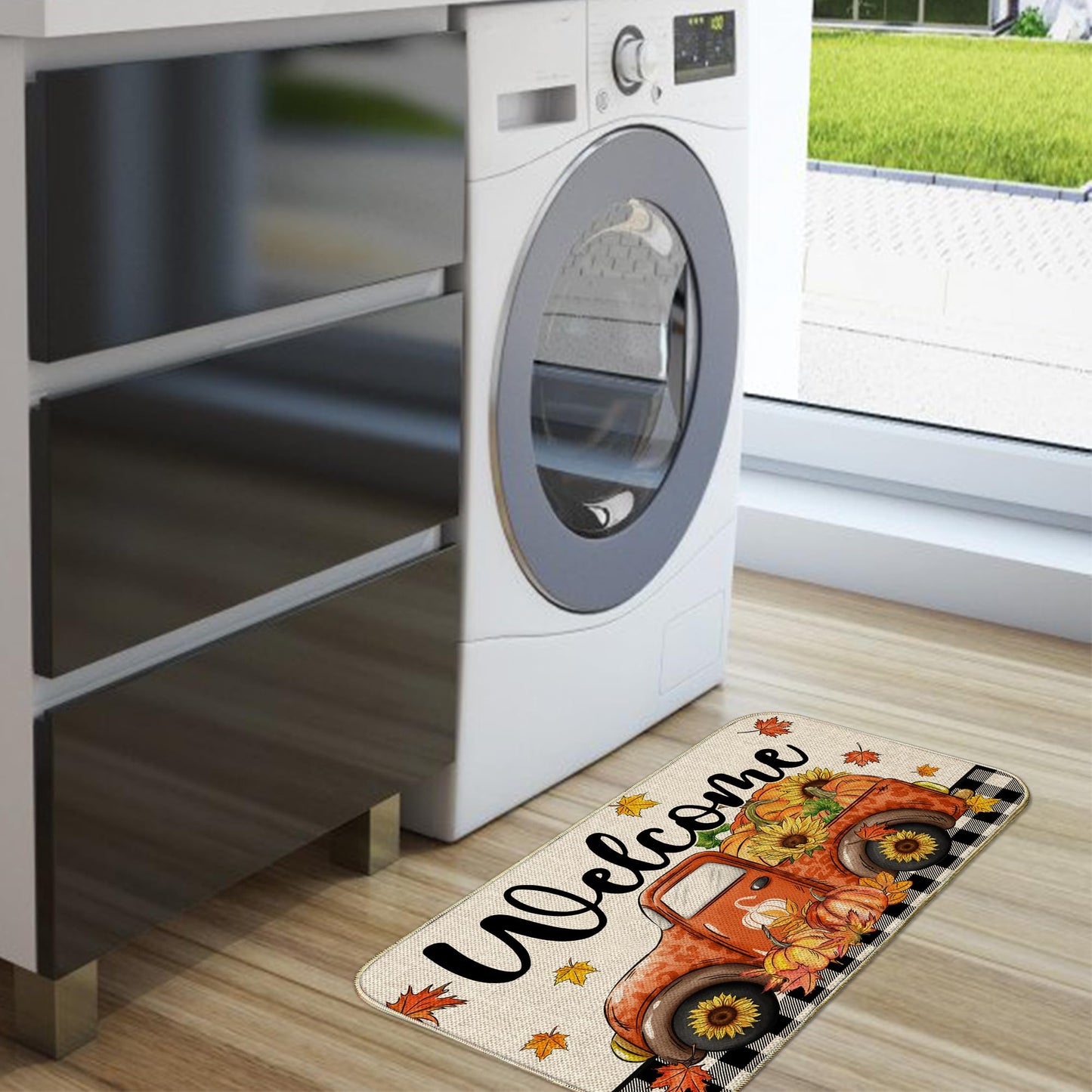 Fall Door Mat, Welcome Fall Outdoor Mat for Front Door, Autumn Pumpkins with Truck Black and White Buffalo Plaid Seasonal Non Slip Doormat for Entrance Entryway Outside, 17x29 Inches