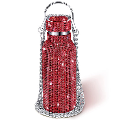 Geiserailie Diamond Water Bottle Bling Rhinestone Stainless Steel Thermal Bottle Refillable Insulated Glitter Water Jug with Chain for Women Girls Gifts(750 ml,Red)