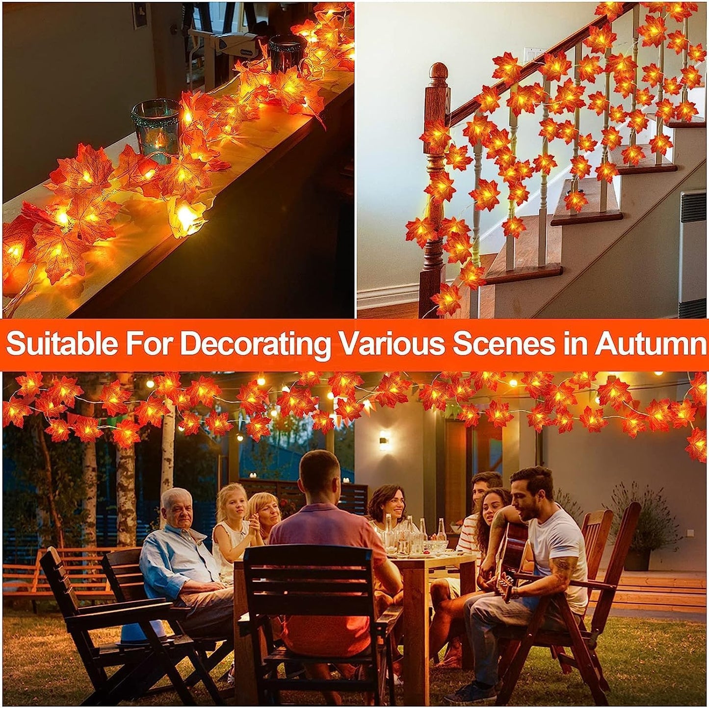 Timer&3 Pack-30Ft Fall Garland Halloween Fall Decorations for Home, 60LED Thanksgiving Lights Patented Realistic Maples Leaf Garland Battery Operated Waterproof Indoor Outdoor Autumn Holiday Christmas