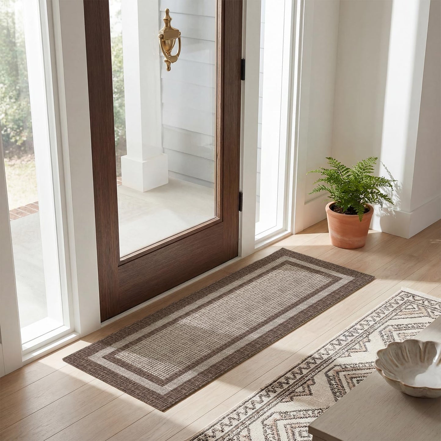 Artoid Mode Brown Rectangle Plaid Washable Doormat, Seasonal Decor Non Slip Low-Profile Absorbent Natural Rubber Back Door Mat 17x47 Inch