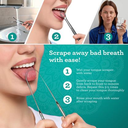 GuruNanda Tongue Scraper for Adults (2 Pack) with Travel Case, 420 Medical-Grade 100% Stainless Steel Tongue Cleaner, Aids in Fresh Breath & Oral Care