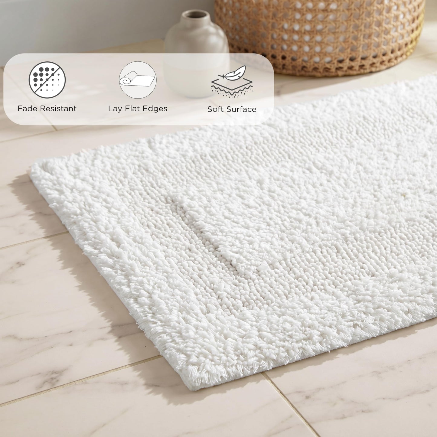 Cotton Reversible Bathmat Rug 17x24 - White, Ultra Soft Bathtub Floor Bath Rugs Ideal for Toilet, Bathroom, Kitchen | Super Absorbent Quick Dry Hotel Quality Throw Mat for Machine Washable