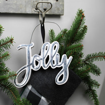 AuldHome Design Large Farmhouse Christmas Word Art Ornaments in Galvanized Rustic Tin Script w/Jolly, Sleigh and Hohoho, (Set of 3 7-Inch Signs)