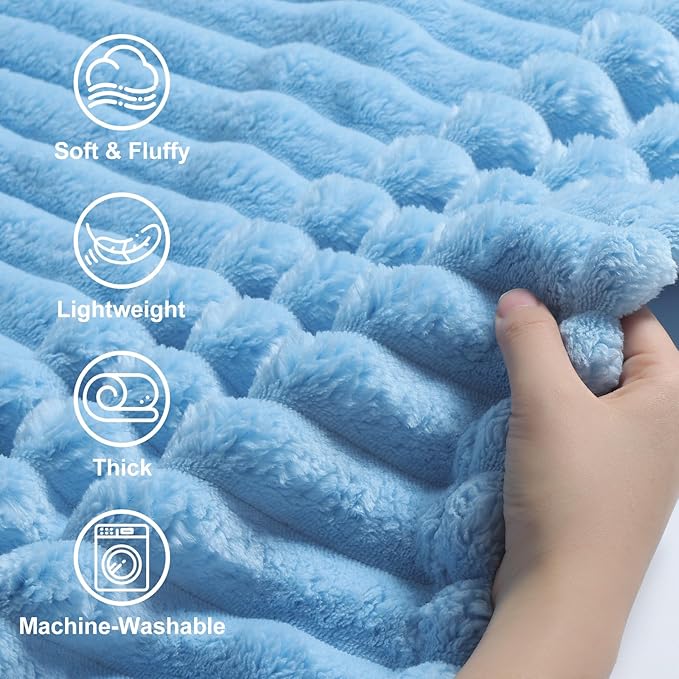 decorUhome Soft Fleece Blue Twin Blanket for Bed, Cozy Fluffy Plush Flannel Striped Throws for Couch Sofa, Lightweight Decorative Ribbed Fuzzy Blanket for Woman, 60x80 Inches