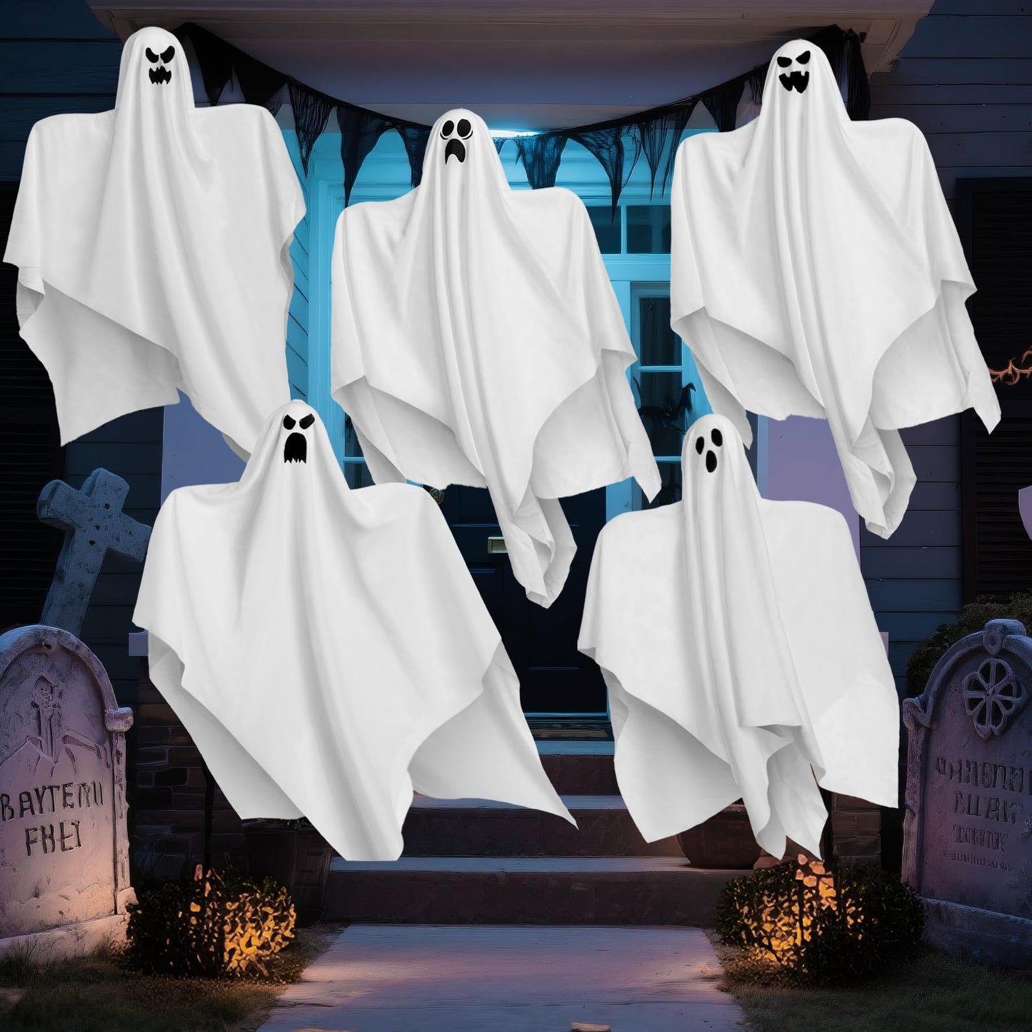 JOYIN 27.5" Halloween Hanging Ghosts Outdoor Decoration(5 Pack), Cute Flying Ghost for Halloween Front Yard Patio Lawn Garden Party Décor and Holiday Hanging Decorations