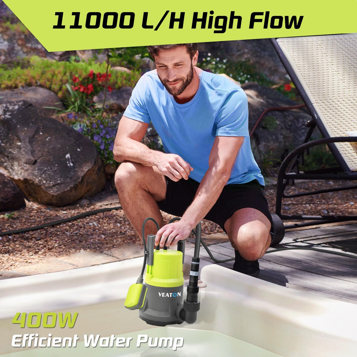 VEATON 400W Electric Submersible Water Pump for Clean Water, Max Flow 11000L/H Compact Utility Pump, Drain Water from Garden Pond Swimming Pool Hot Tub with Float Switch and Hose Connector
