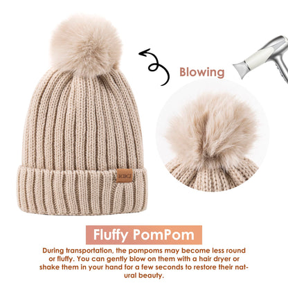 Winter Beanie Hat Gloves Set for Women Fleece Lined PomPom Hat Touchscreen Gloves
