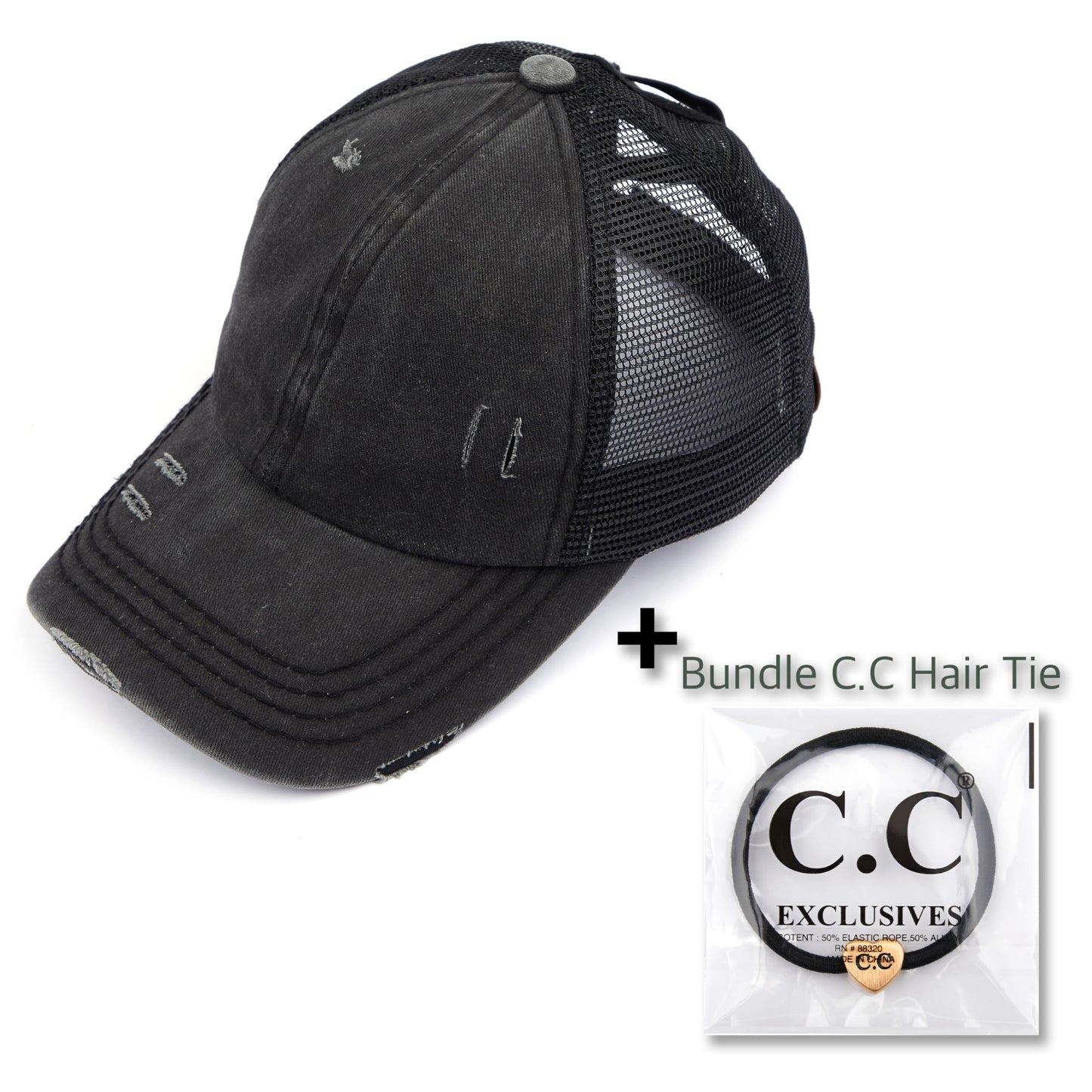 C.C Exclusives Washed Distressed Cotton Denim Criss-Cross Ponytail Hat Baseball Cap Bundle Hair Tie (BT-780) (Black)