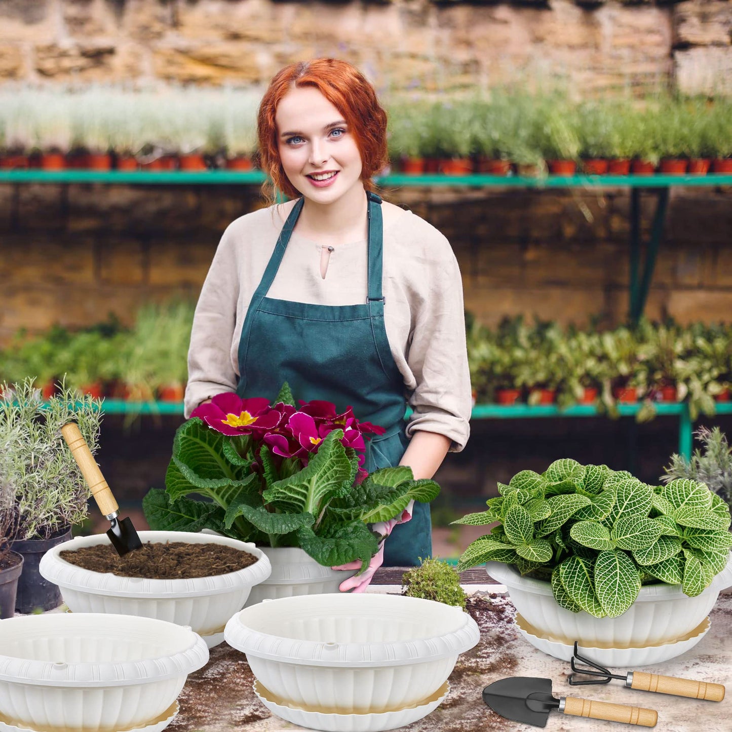 Hanging Planters, 5 Pcs 11" Hanging Pots, White Hanging Flower Pots, Hanging Plant Pots Baskets for Plants with Drainage Trays, Hanging Chains and Ceiling Hooks, Come with Free Garden Tools Set