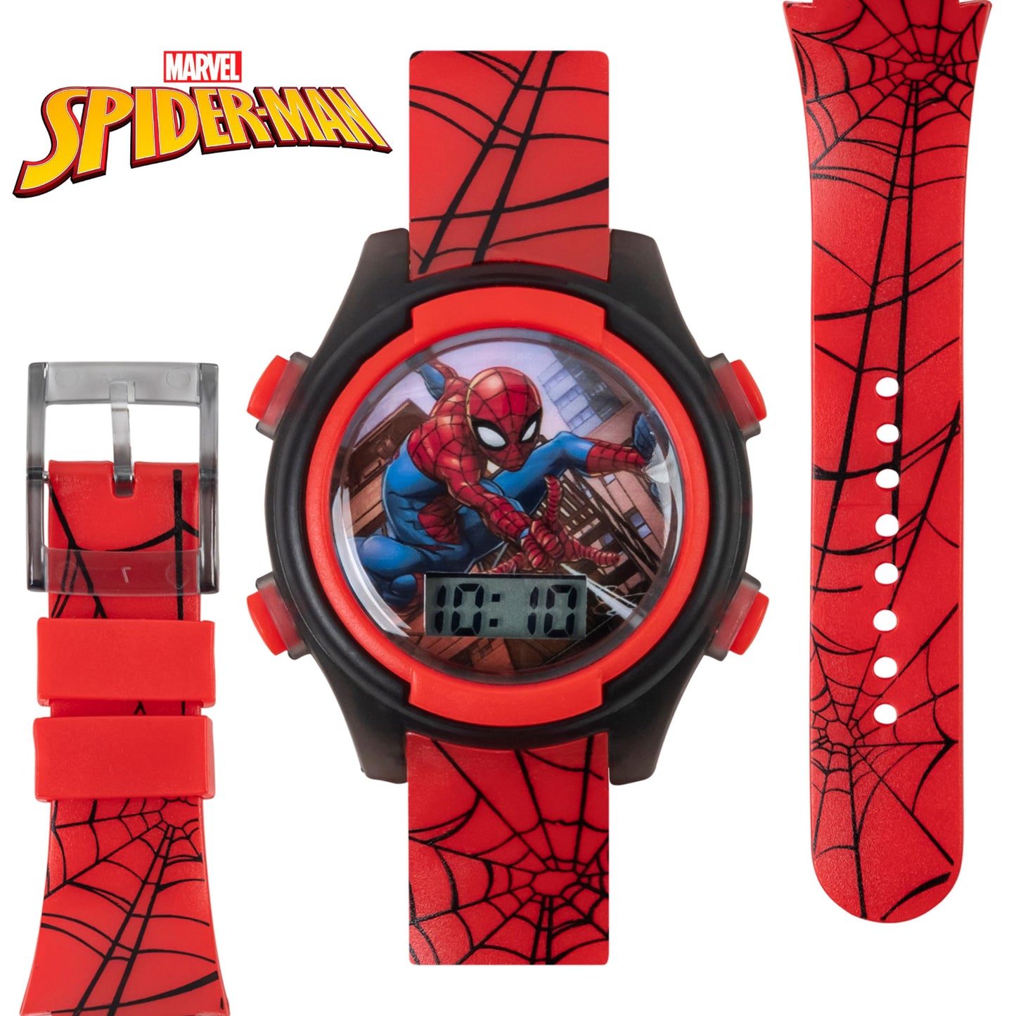 Accutime Marvel Spider-Man Digital Watch for Kids – Durable Plastic Timepiece, LCD Display, Quartz Accuracy, Iconic Spiderman Imagery