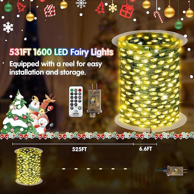 KNONEW 532FT Outdoor Christmas Fairy Lights Plug in,1600 LED String Lights Outdoor Waterproof 8 Modes Memory Times for Wedding Bedroom Walls Garden Trees Decoration(Warm White)