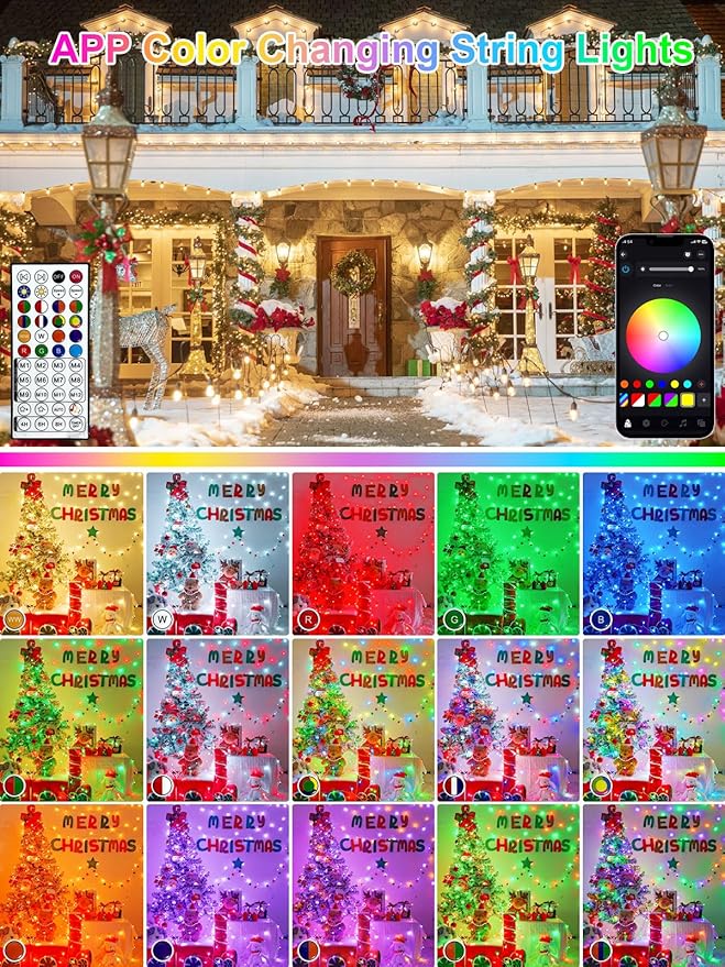 Smart LED Halloween String Lights with Remote & App 66FT 200LED, Waterproof RGB Dimmable Clear Wire Christmas Lights, Color Changing Christmas Tree Light Outdoor Indoor with Timer for Halloween Decor