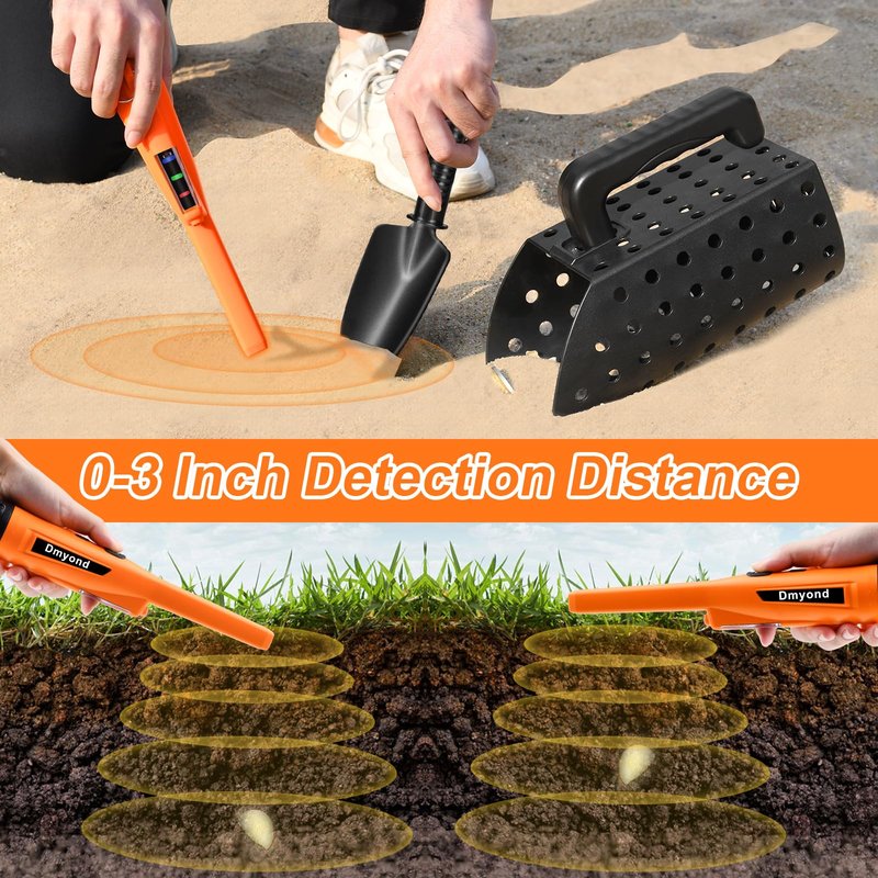 Dmyond Metal Detector Pinpointer & Accessories - IP68 Full Waterproof Handheld Pin Pointer Wand with 3 Modes - Includes Sand Sifter Scoop and Shovel for Beach Digging, Treasure Hunting