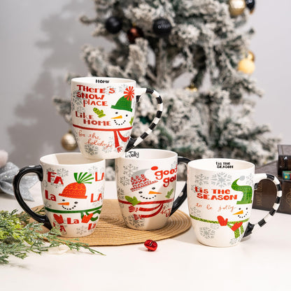 Topadorn 18 oz Christmas Mugs Set of 4, Ceramic Coffee Cups with Snowman & Christmas Hat Design - Gift for Family and Friends, Ideal for Holiday Party, Hot Chocolate, Tea