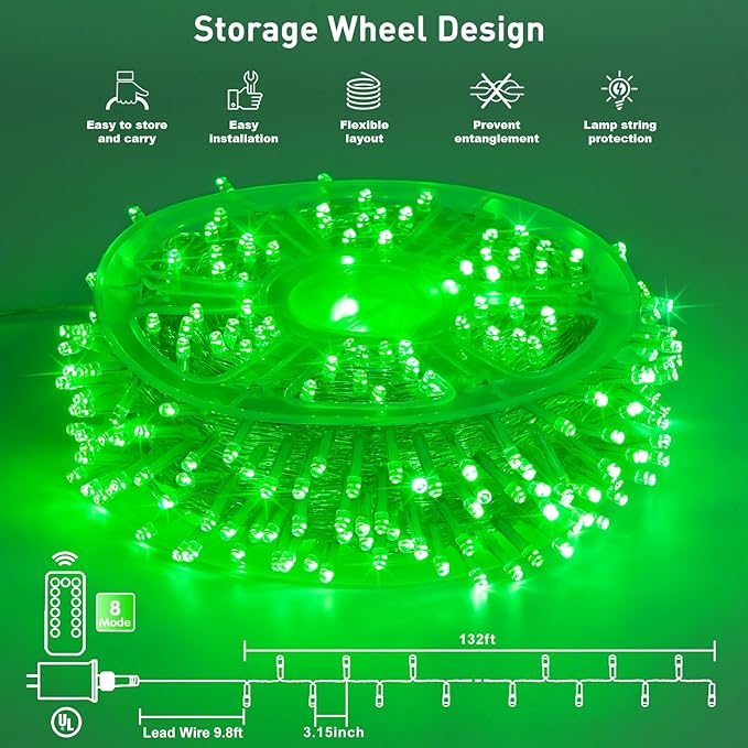 JMEXSUSS 400 LED Green Christmas Lights Indoor Outdoor, 132ft String Lights Plug in with Remote, 8 Modes Clear Wire Christmas Tree Lights for Room Garden Patio Outside Party Xmas Tree Decor