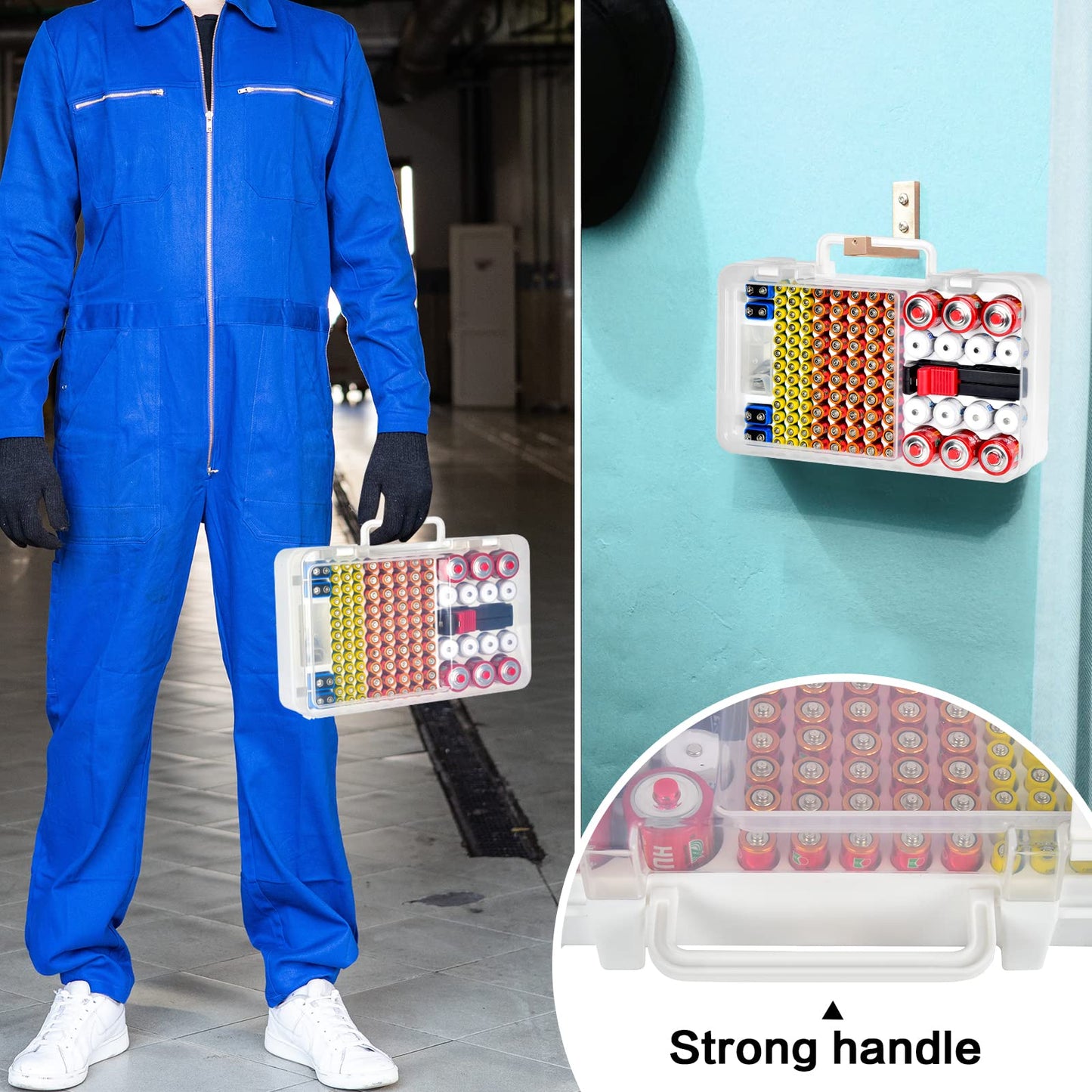 Battery Organizer Storage Case with Tester Checker. Batteries Holder Box Container for 120+ AA AAA 9V C D Lithium CR2025 CR1632 CR2032 Coin Cell Battery with Wall-Mounted Design -Transparency