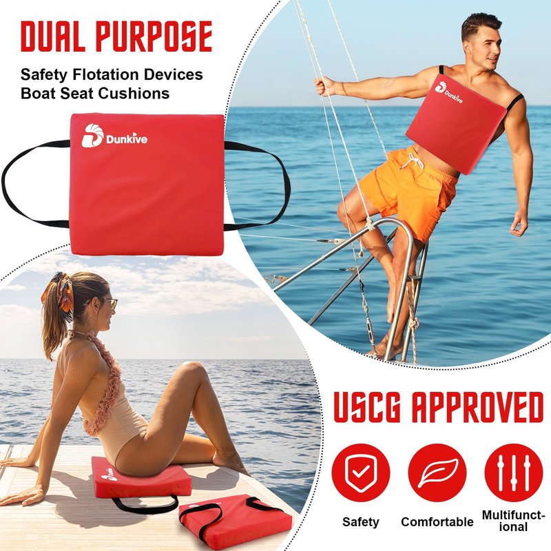Dunkive 2 Pack Boat Throw Flotation Cushion, USCG Approved, Emergency Marine Throwable Flotation Device, Foam Boat Cushions Life Preserver, Throw Cushions for Boats, Kayaks, Canoes(Red)