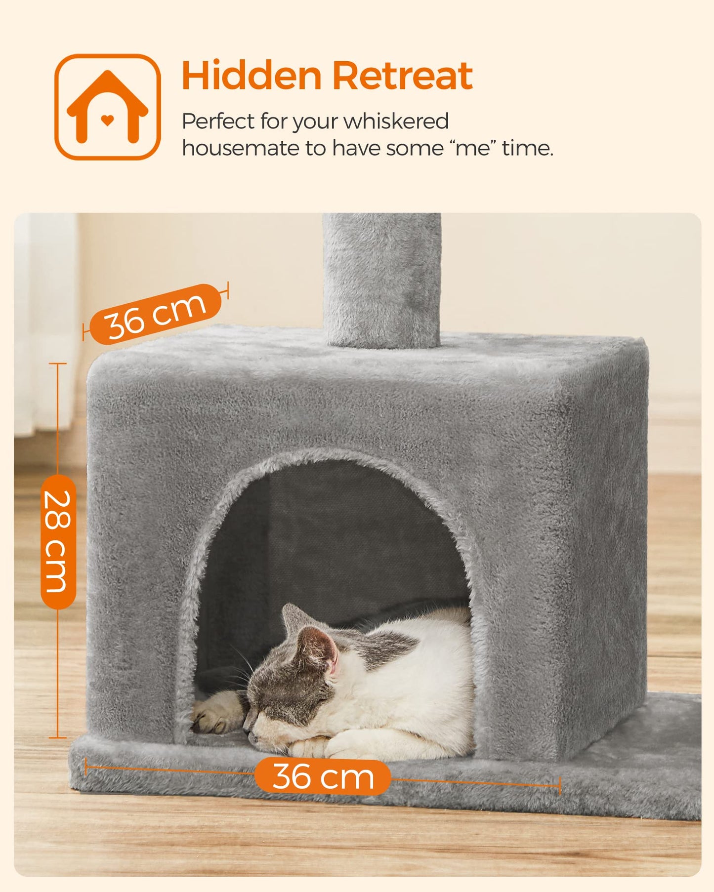 Feandrea Cat Tree, 84 cm Tower, L, Perch Condo for Large Cats up to 7 kg, 2 Caves, Scratching Post, Light Grey PCT61W