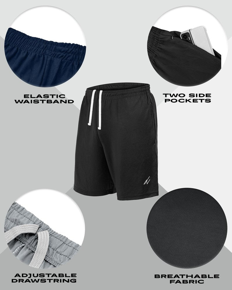 NY Threads 5 Pack Men's Athletic Shorts Quick Dry Loose-Fit Lightweight Running Workout Gym Shorts with Pockets, Large, Black/Black/Navy/Dark Grey/Medium Grey
