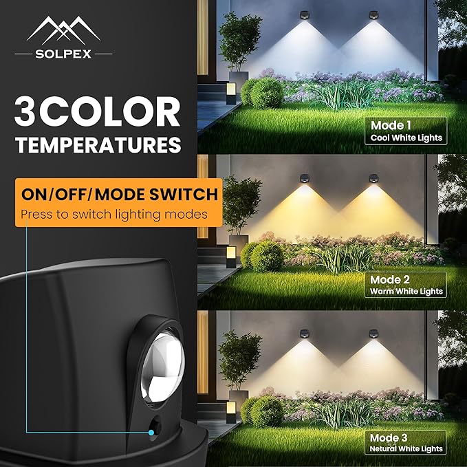 SOLPEX Solar Lights Outdoor Waterproof IP65, Solar Stair Lights Outdoor for Fence, Deck, Step, Dual Color LED 3 Lighting Modes House Wall Light for Porch, Backyard, Fence, Garden Decor-12 Pack