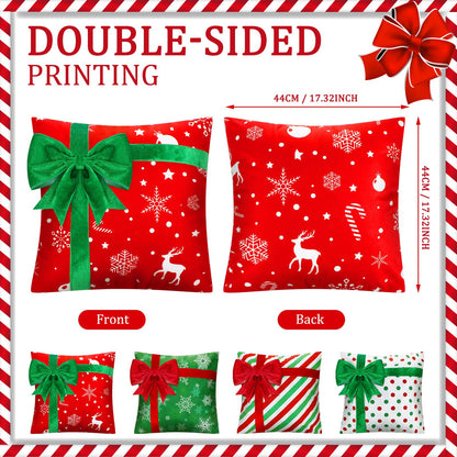 Kingdder Christmas Pillow Covers 18 x 18 Inch Set of 4 Farmhouse Xmas Throw Pillow Cases Gift Box Style Red Green White Snowflake Bow Decoration for Couch Holiday Sofa Cushion Decor