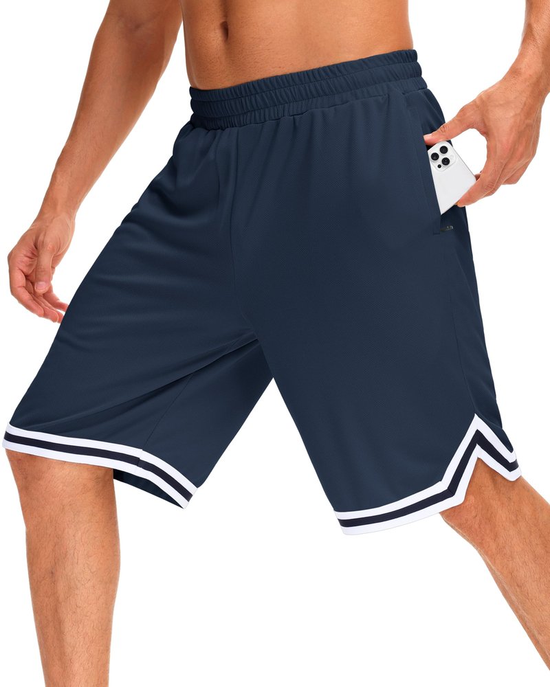 JWM Mens 11" Gym Basketball Shorts with Zipper Pockets - Long Quick Dry Lightweight Mesh Athletic Shorts for Workout Running Navy