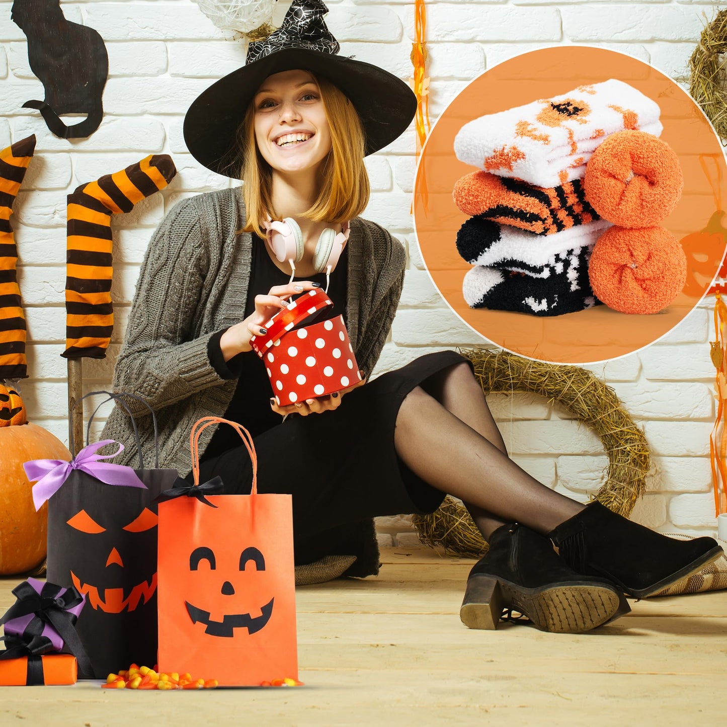 floconssy Halloween Fuzzy Socks for Women, Fall Pumpkin Gifts Slippers Socks Funny Fluffy Cozy Freaky Boo Basket Stuffers