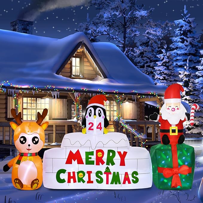 10 Ft Christmas Inflatables Outdoor Decorations Countdown Xmas Blow Up Yard Decorations, Reindeer Santa Inflatables Built-in Rotating Colorful LED Lights Xmas Holiday Party Lawn Decor