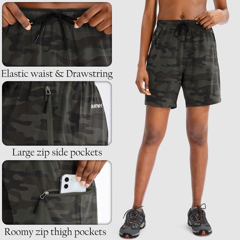 SANTINY Women's 5''/ 7''/9'' Hiking Cargo Shorts Quick Dry Lightweight Summer Shorts for Women Athletic Golf Zipper Pockets(Green Camo_M)