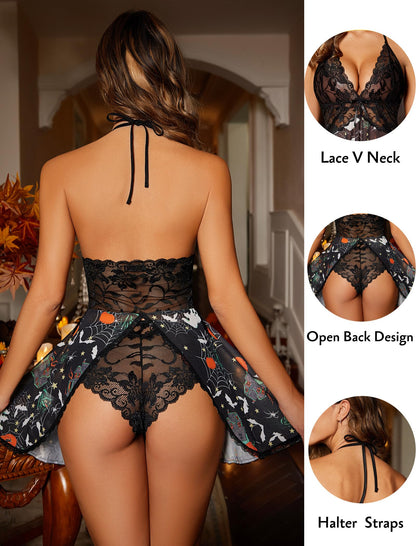 Avidlove Halloween Lingerie for Women Lace Babydoll Halter Chemise V Neck Nightgown Sexy Sleepwear
