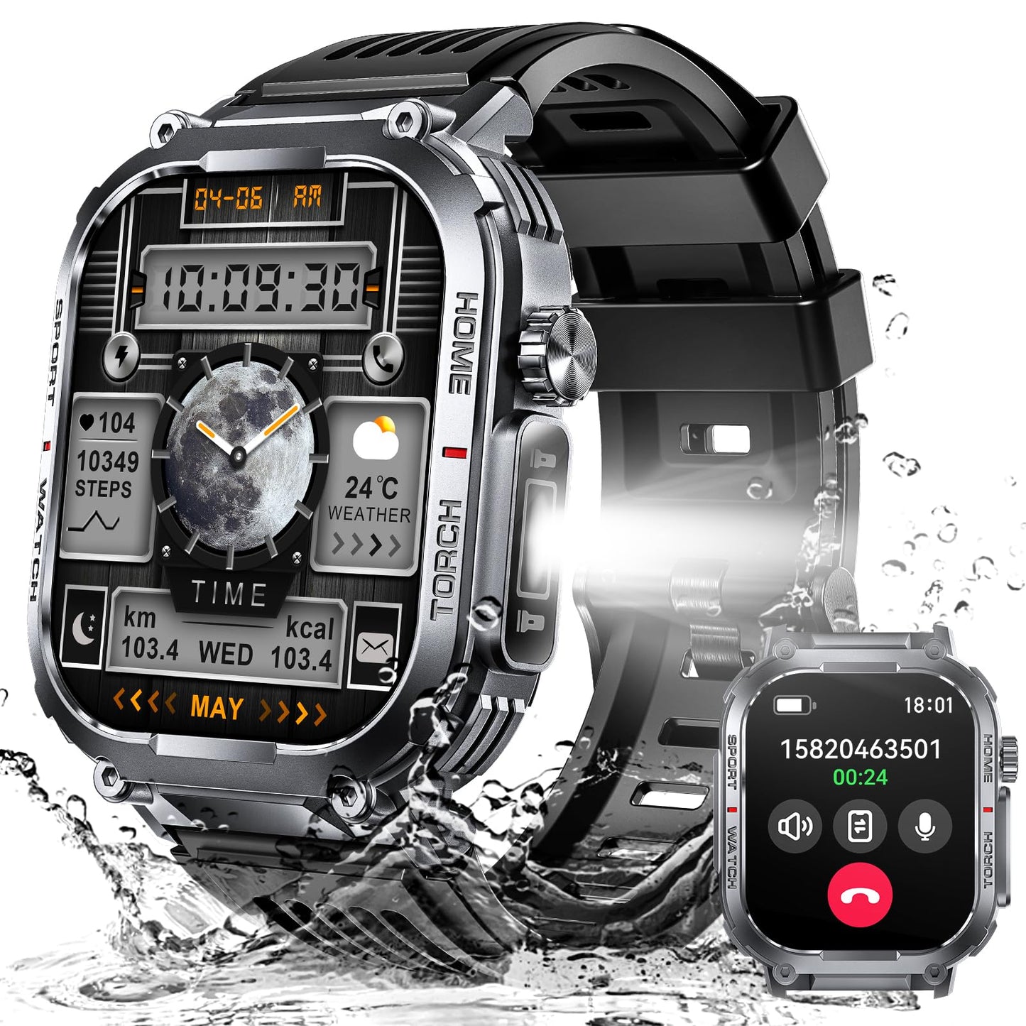 Bassizo Military Smart Watch for Men 3ATM Waterproof with Call/LED Flashlight 2.02" HD Big Screen Rugged Tactical Smartwatch with Compass Fitness Tracker with HR/SPO2/Sleep Monitor for iPhone Android