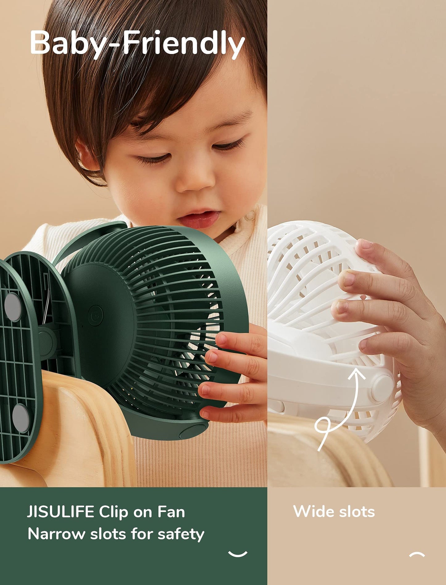 JISULIFE Clip on Baby Stroller Fan, 4000mAh Battery Operated, Portable Personal Small, Quiet & Narrow Slot Design, 4 Speeds, Max 14 Hrs, Ideal for Bed, Desk, Car Seat - Dark Green