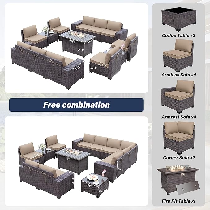Kurapika 13 Pieces Patio Furniture Set, Rattan Wicker Outdoor Conversation Sets w/43in Propane Fire Pit Table(Sand)